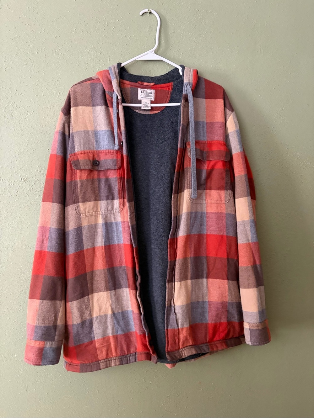 LL Bean Men’s Orange Plaid Hooded Flannel Jacket